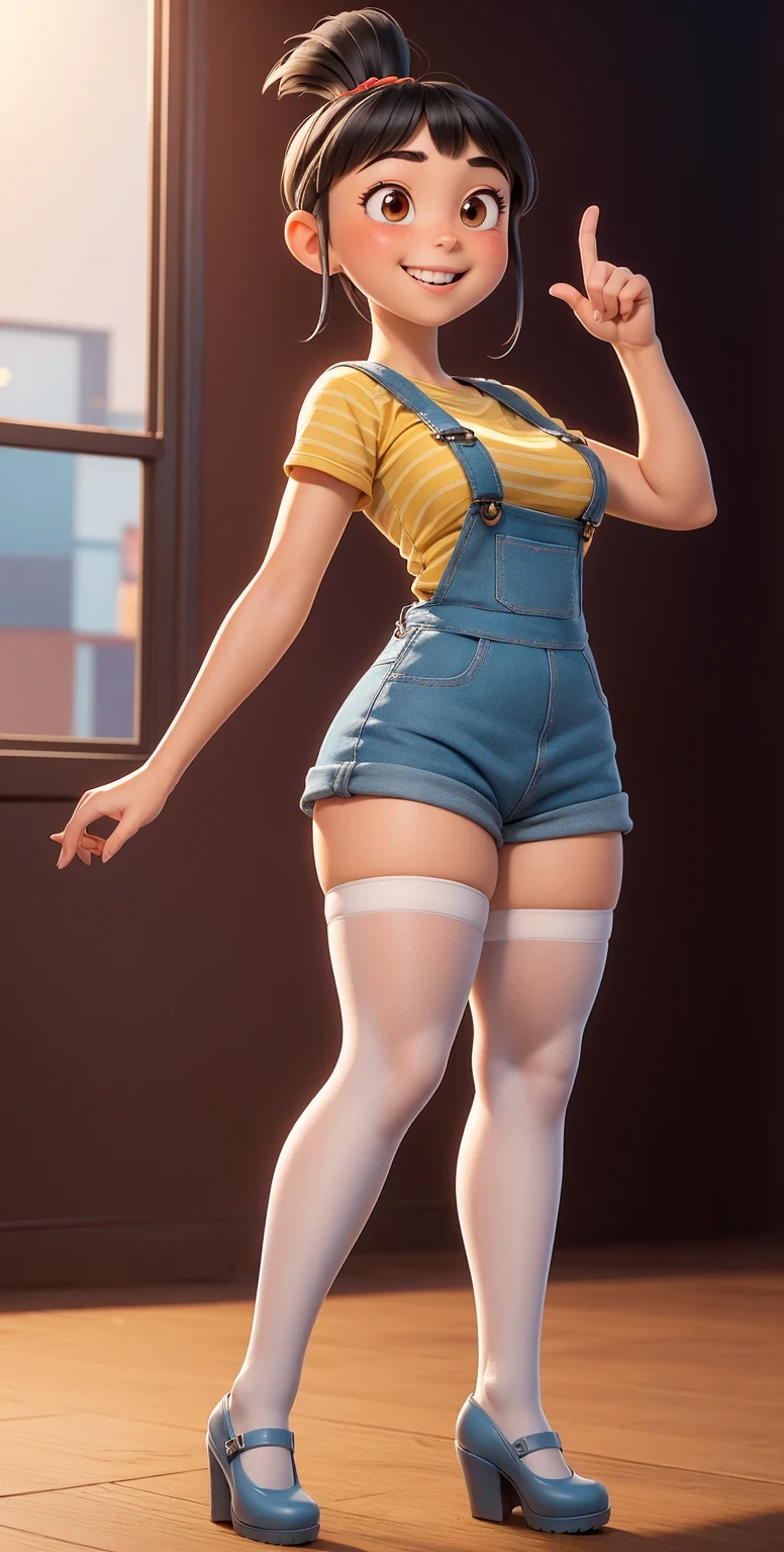 Full body shot, full shot,(best quality:1.4),(shiny skin), body focus, (cute face), (((best quality))), illustration, ((Beautiful Finger)), , Beautiful body, Beautiful character design, ,perfect lighting, Colorful, Bright_Front_face_Lighting, ultra high res, highres, absurdres:1.2, bokeh:1.2, lens flare, (vibrant_color:1.2), (Beautiful, medium breasts:1.6), (thick thighs:1.1),((white stockings, THICK, in white laced stockings)),
Black hair with straight bangs and a ponytail with a red band, big round brown eyes, slightly blushed cheeks, smiling expression, wearing a striped yellow and blue shirt, blue tiny overalls , white cotton stockings, mary_janes , full_shot ,full body shot , (so tiny tight overalls), from front, from front, tall platform_heels, perfect anatomy, sexy pose, Agnes as a woman, Agnes as an adult, 25 years old.