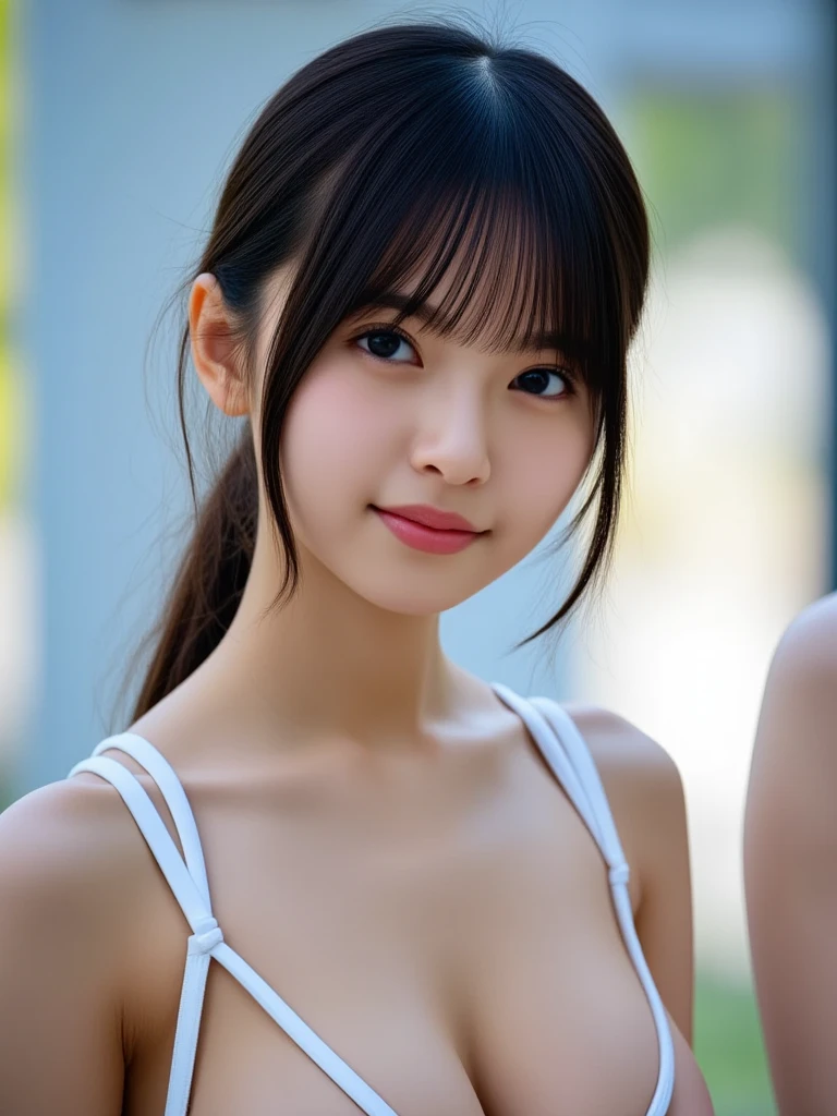 、((Big eyes))、cute、smile、(((Baby Face)))、((Big Breasts))、White T-shirt、Wet、((See-through))、ponytail、fine、Shortcuts、Beach、Light in your eyes、Backlight on hair
