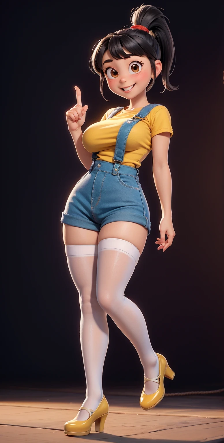 Full body shot, full shot,(best quality:1.4),(shiny skin), body focus, (cute face), (((best quality))), illustration, ((Beautiful Finger)), , Beautiful body, Beautiful character design, ,perfect lighting, Colorful, Bright_Front_face_Lighting, ultra high res, highres, absurdres:1.2, bokeh:1.2, lens flare, (vibrant_color:1.2), (Beautiful, medium breasts:1.6), (thick thighs:1.1),((white stockings, THICK, in white laced stockings)),
Black hair with straight bangs and a ponytail with a red band, big round brown eyes, slightly blushed cheeks, smiling expression, wearing a striped yellow and blue shirt, blue tiny overalls , white cotton stockings, mary_janes , full_shot ,full body shot , from front, from front, tall platform_heels, perfect anatomy, sexy pose, Agnes as a woman, Agnes as an adult, 25 years old.