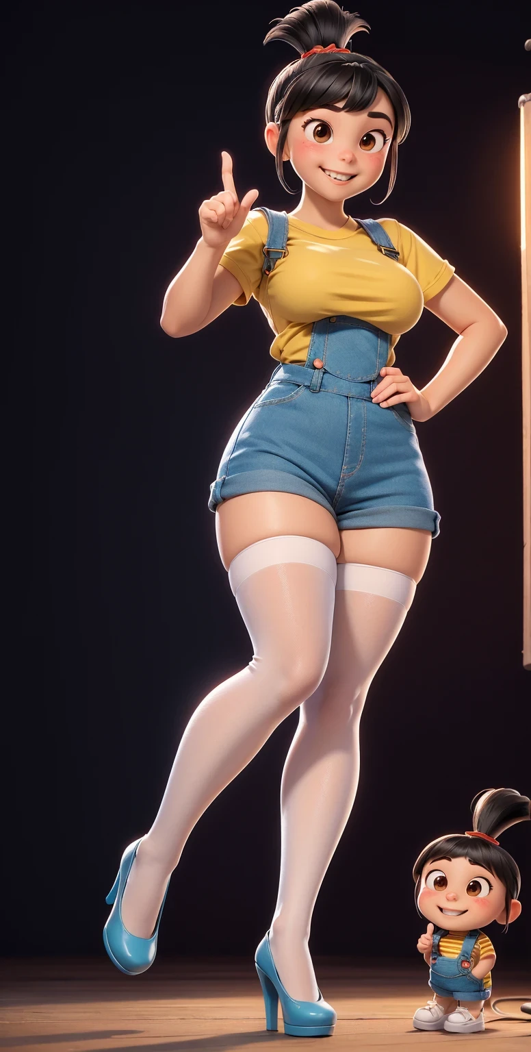 Full body shot, full shot,(best quality:1.4),(shiny skin), body focus, (cute face), (((best quality))), illustration, ((Beautiful Finger)), , Beautiful body, Beautiful character design, ,perfect lighting, Colorful, Bright_Front_face_Lighting, ultra high res, highres, absurdres:1.2, bokeh:1.2, lens flare, (vibrant_color:1.2), (Beautiful, medium breasts:1.6), (thick thighs:1.1),((white stockings, THICK, in white laced stockings)),
Black hair with straight bangs and a ponytail with a red band, big round brown eyes, slightly blushed cheeks, smiling expression, wearing a striped yellow and blue shirt, blue tiny overalls , white cotton stockings, mary_janes , full_shot ,full body shot , from front, from front,  tall platform_heels, perfect anatomy, sexy pose, Agnes as a woman, Agnes as an adult, 25 years old.