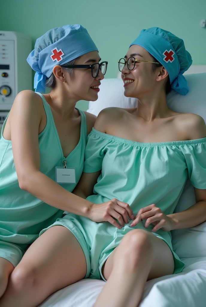 Bikini 2woman,years Old, lesbian Indonesian mature woman, huge doctor suit,curvy body, full body, sharing lustful kiss, hug and groping bteas, professional shot, at doctor hot
