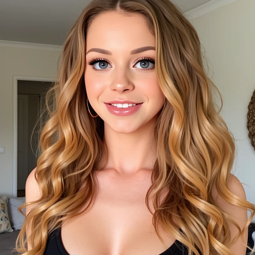 a hyper realistic full body photo of lolo, 4k uhd quality, ultradetailed face, perfect face, perfect body, Photographic quality, smiling, shiny eyes, wearing a thin gold necklace, perfect eyes, almonded eyes, long legs, short messy hair, messy hair, perfect breasts