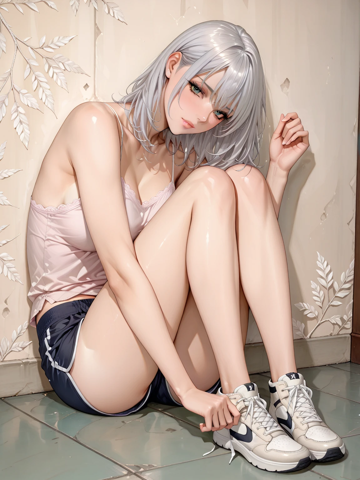 Realistic, One Girl, Japan Person, Very Short Hair, Parted Lips, Makeup, White Hair, Shine, Thighs, Purple Eyes, Bare Shoulders, Clavicle, Narrow Waist, Sunbeam, Rose, Cutting, Masterpiece, Sweat, Valley, Navel, (Girl is smeared with white liquid)), (Clothes are wet)), (Hair is wet))), (Full body)))), (Face to knee)), (( ( (((Clothes are disheveled))), (Not cut))), (dirty toilet), Chained to the collar, Open legs, Urge to defecate is reaching its limit, diarrhea, Urge to urinate, Japanese toilet, arms restrained behind the body, Smiling, Confined, Tortured, Showered