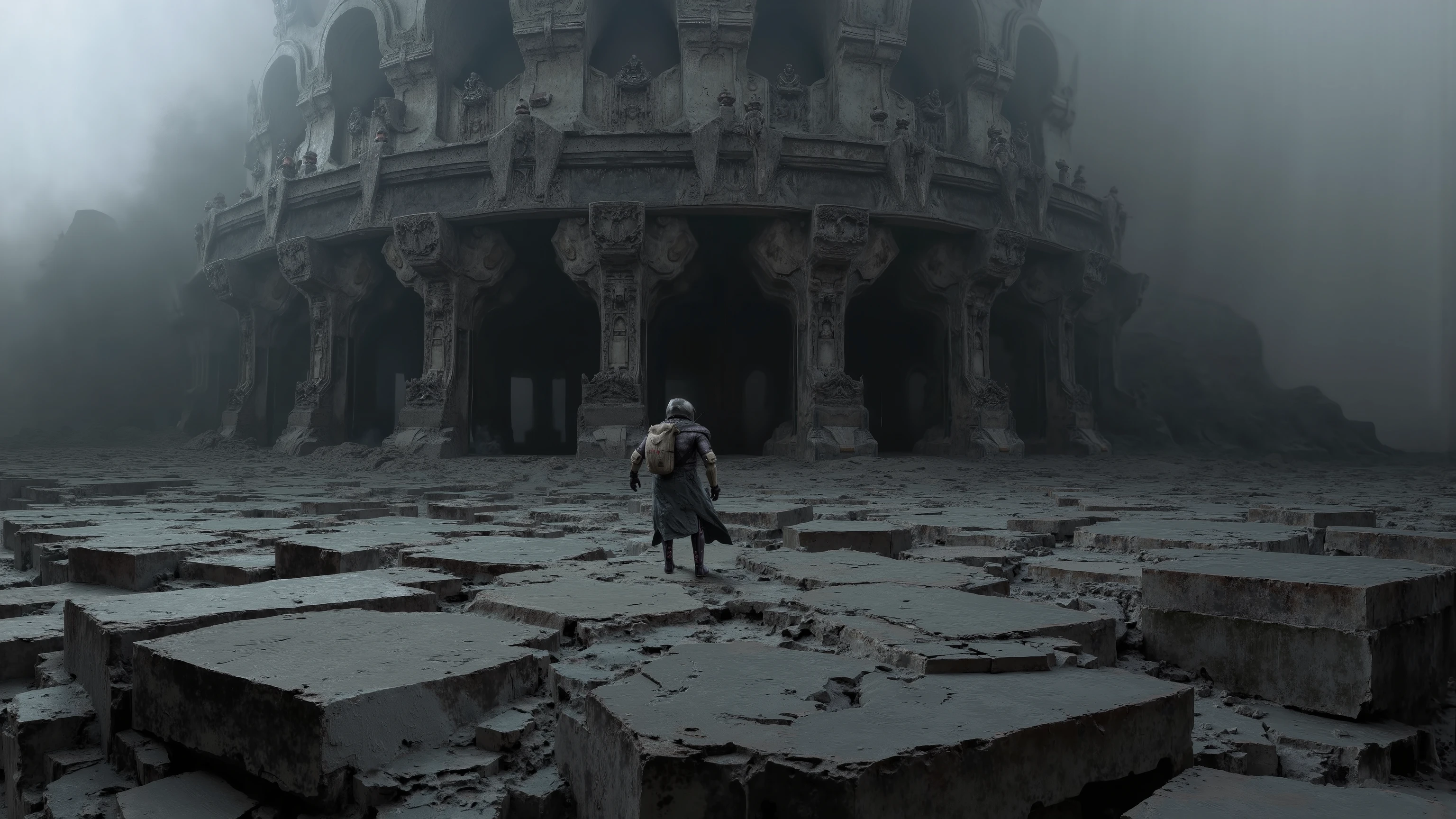 A solitary figure stands on jagged, Weathered terrain，Resembling a vast, Ancient architecture or sculpture. Environment composed of layers of monumental, Stone-like surface, Intricately carved geometric patterns reminiscent of tire tracks, But on a monumental scale. These patterns evoke a sense of an ancient and forgotten civilization. Scene shrouded in mist,  sacred atmosphere , Suggesting isolation and mystery. Character, Archived roughly on the contrasting textures, Wearing an astronaut costume, Looking pensive or small in the face of the grandeur and scale of the surroundings. The lighting is dim, Shadows play on the grooves of the stone surface, Increasing dramatic impact. A mood of exploration and introspection, 在一个似乎既永恒又otherworldly的地方主导.Futuristic architectural design, cloudy atmosphere，Deep Depth of Field, Clear Focus, Seamless integration of technology and nature, Quiet and advanced setup.Dimensionally Transforming Architectural Design，A building made entirely of geometric shapes，unreal engine:1.4,Ultra HD,best quality:1.4, fotor realist :1.4, Masterpiece:1.8, otherworldly, gloomy atmosphere, Wild atmosphere, Harsh environment, is amazing, is amazing的艺术品. (best quality,4K, 8,000,high resolution,Masterpiece:1.2), ultra-detailed ,( realist ,fotor realist ,fotor realist :1.37),HDR,Ultra HD,studio lighting, Ultra-thin paint, Clear Focus, physically-based rendering, very detailed description, Professional, Dream Cities, The capital of the empire, Super tall skyscrapers. , Its architectural wonders are reflected in futuristic style，The city is full of life, Modern technology blends seamlessly with traditional Arabian luxury urban structures.. This is an is amazing piece of art, Use Pixai, Bringing powerful artificial intelligence models to life, showing the limitless creativity and possibilities of our imagination，Immerse yourself in a spooky world of art, bottomless cracks in the sky,  Lava Falls , Fire and Smoke , Science Fiction，huge body，大Wide-angle composition。A sense of emptiness in the scene，Sacred, Grid light and shadow，creates a dramatic and fascinating contrast, Dark Tones，Film composition ，Wide-angle composition，Movie lighting ，Art by Piotr Jabłońsrk4RT，Billie Eilish
