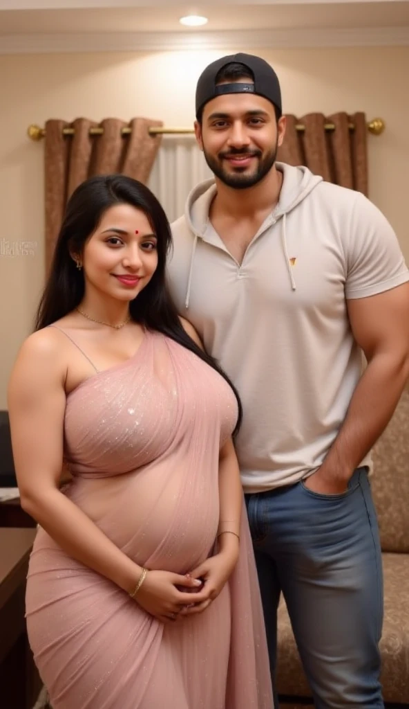 face mix of Salman khan and Shahrukh Khan, as a 25 years old Russian woman and 9 months pregnant woman, stand with Husband Kartik Kapoor, wearing skirts, wearing Western outfit, cleavage , big breast, plus size model, beautiful face, long brown hair, confident princess look from Kamasutra,  sexy curve, sexy look, sexy dress,full body picture 