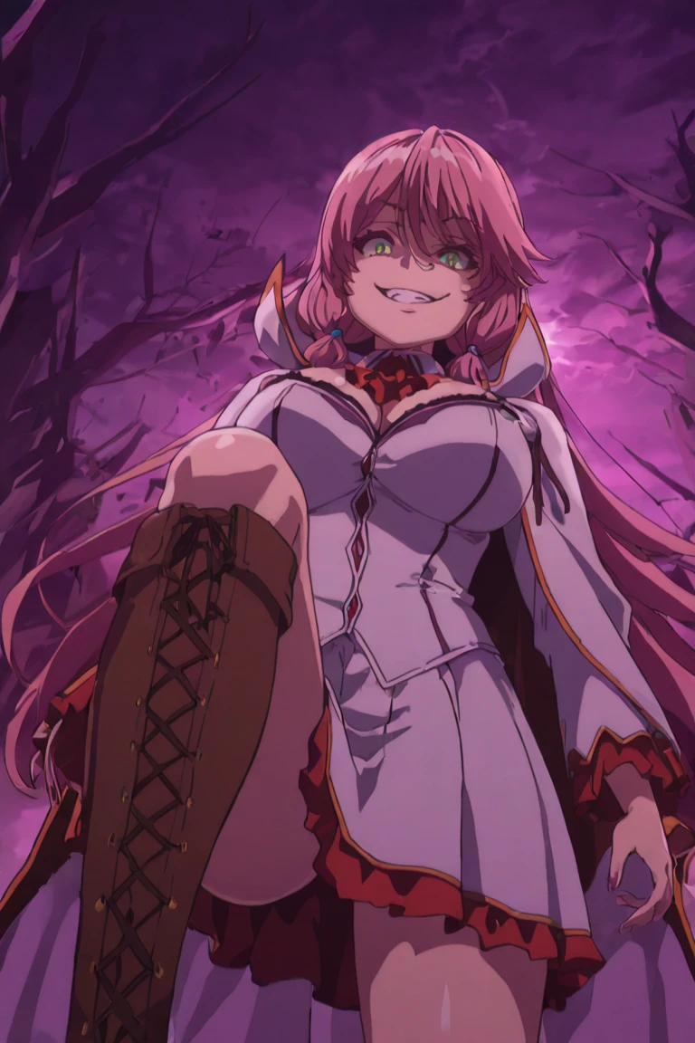 Anime girl,red glowing possessed eyes,grinning,milf