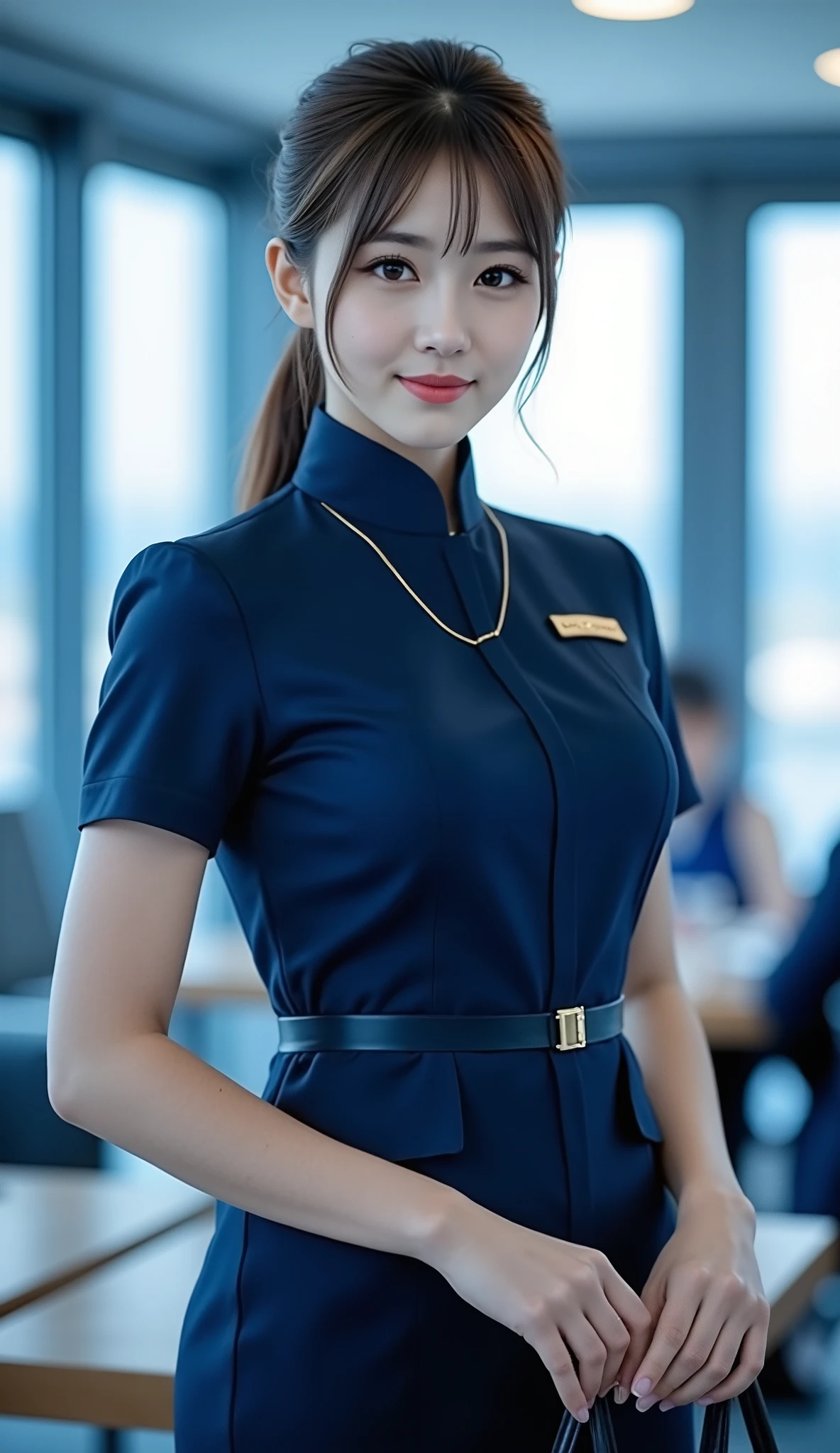 ((top-quality、masutepiece、8K、Top image quality、Hyper-Realism))、(1 photo:1.5)、((1 female stewardess、walk gracefully down the aisle、cowboy  shot、Take a photo of her from the waist up))、(Photo from the waist of a woman:1.7)、(Female upper body photo:1.7)、((The background is an airplane aisle、The floor is the highest quality carpet、Intricate and luxurious decoration、The most luxurious and luxurious interior、The most luxurious and exclusive airplane interiors、luxurious royal interior))、(crystal chandeliers:1.5)、(The finest throne-like seat:1.5)、(The most luxurious royal interior:1.5)、(She&#39;walking down a perfect aisle:1.2)、(The perfect stewardess uniform:1.5)、((Exposing the forehead、Chignon))、hyperdetailed face、[[large full breasts]]、The Biggest Smile、white big teeth、Perfect makeup、long eyelashes、View me、smile your best smile、perfect anatomia