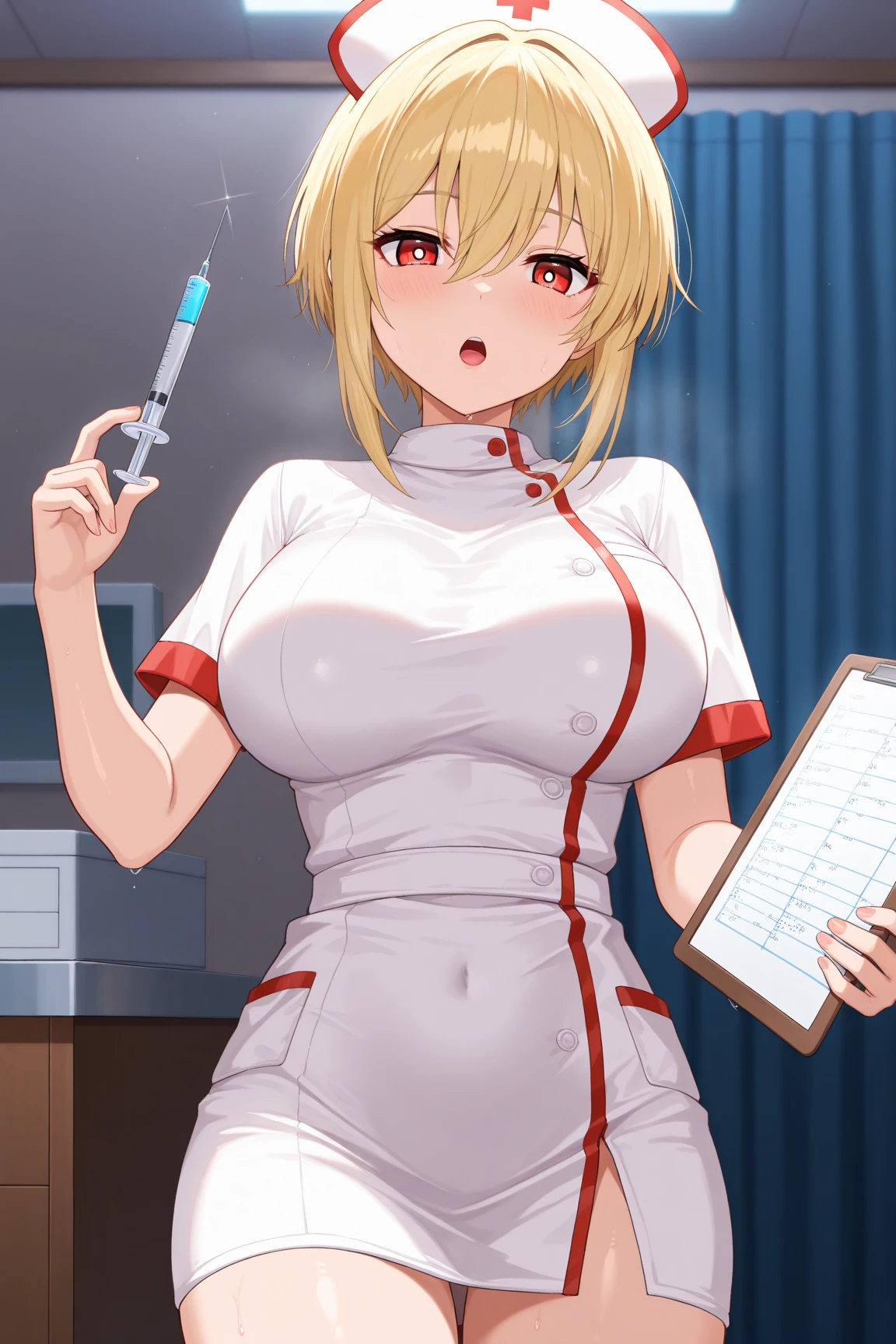 1girl,  nsfw,  houjousatoko, short hair, blonde hair, purple eyes ,hairband,  empty eyes, large breasts, nipple, Walking,  Hospital, frozen, wet, crying,  Naked,  (1girl)  Blank look, Peeing, lactation, projectile lactation