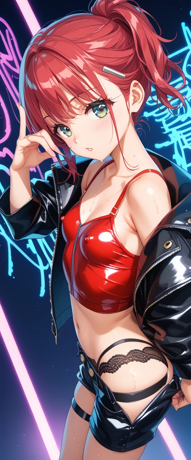 photorealistic, (4k), depth of field, (Masterpiece), (realistic skin texture), extremely detailed, intricate, hyper detailed, professional photography, bokeh, high resolution, sharp detail, best quality, 1girl, beautiful ,zenin_maki,glasses, ponytail, bangs,green hair,brown eyes, volumetric lighting, best quality, masterpiece, intricate details, tonemapping, sharp focus, hyper detailed, ballroom, beautiful dress, big breasts, sparkle dress, fancy red dress, red dress, red glitter dress, one piece dress, ballroom event, ballroom dress, sleeveless, hip slit, bare shoulders, sparkly red dress