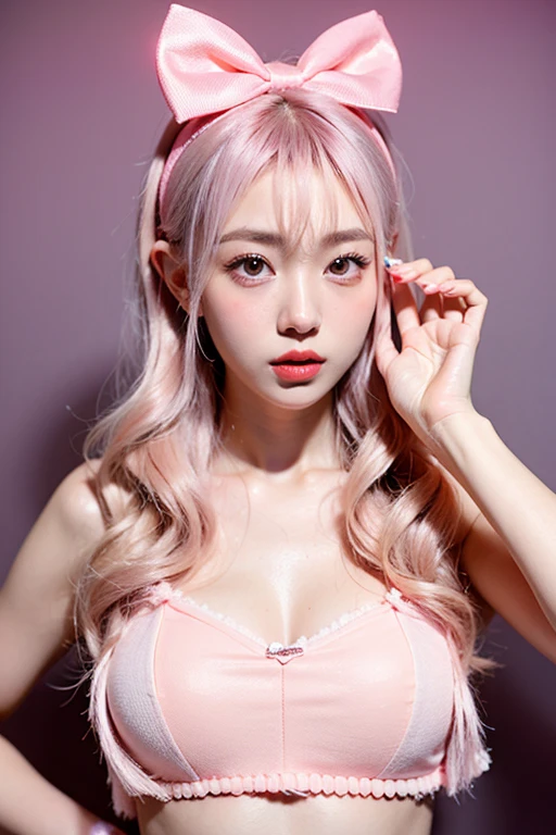 Very detailed CG Unity 8K wallpaper, Cute One lady, Mature pink hair、lady ,beautiful lady, pale skin (Super masterpiece, Beautiful person, well detailed face polluted smile, Photorealistic, hyper realisitic), Colorful winter kimono in pink and white colors、(white fur)、Japanese Style Hair Accessories、smile、Japanese background with light pink flowers and snow、Portrait、(pink eye)、(flat chest:1.2)、(Glowing Skin:1.7)、Detailed eyes、Big eyes、Open your mouth、Hide your arms、(all nude:1.5)