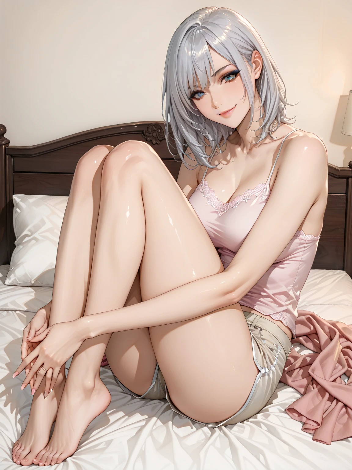 ((Biologically correct limb count))、(( Full-body photo including face))、4K、((Standing position))、masterpiece、((Focus on the face))、((Symmetrical facial features))、detailedな描写の目、Beautiful blue-haired woman、Excellent style、Beautiful clavicle、Beautiful feet、Beautiful Hands、Slender body、(Yellow patent leather blazer、flare skirt)、(Legs in black stockings, garter belts and high heels）、顔のdetailedな描写、Small earrings、necklace、(Low - Angle)、Silver Hair、((smug face)))、Close-up photo of the upper body、In the middle of changing、Panty shot、Nipples、(Lie down in bed)、最高masterpiece、high quality、detailed