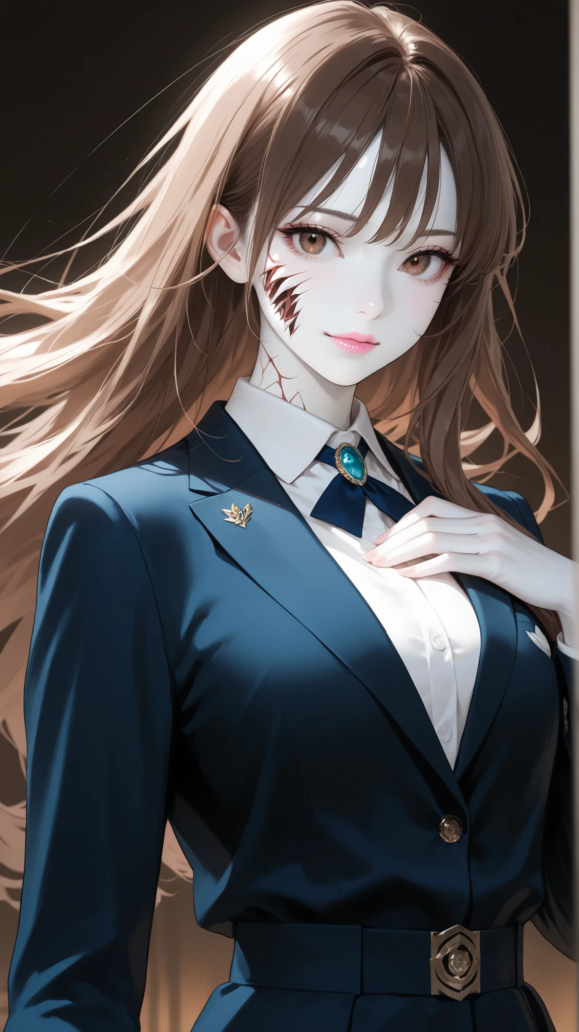 Girl, long straight brown hair, brown eyes, sharp features, white skin, light pink lips, beautiful, perfect, elegant looking, wearing a formal school uniform, bright colors, high quality resolution.