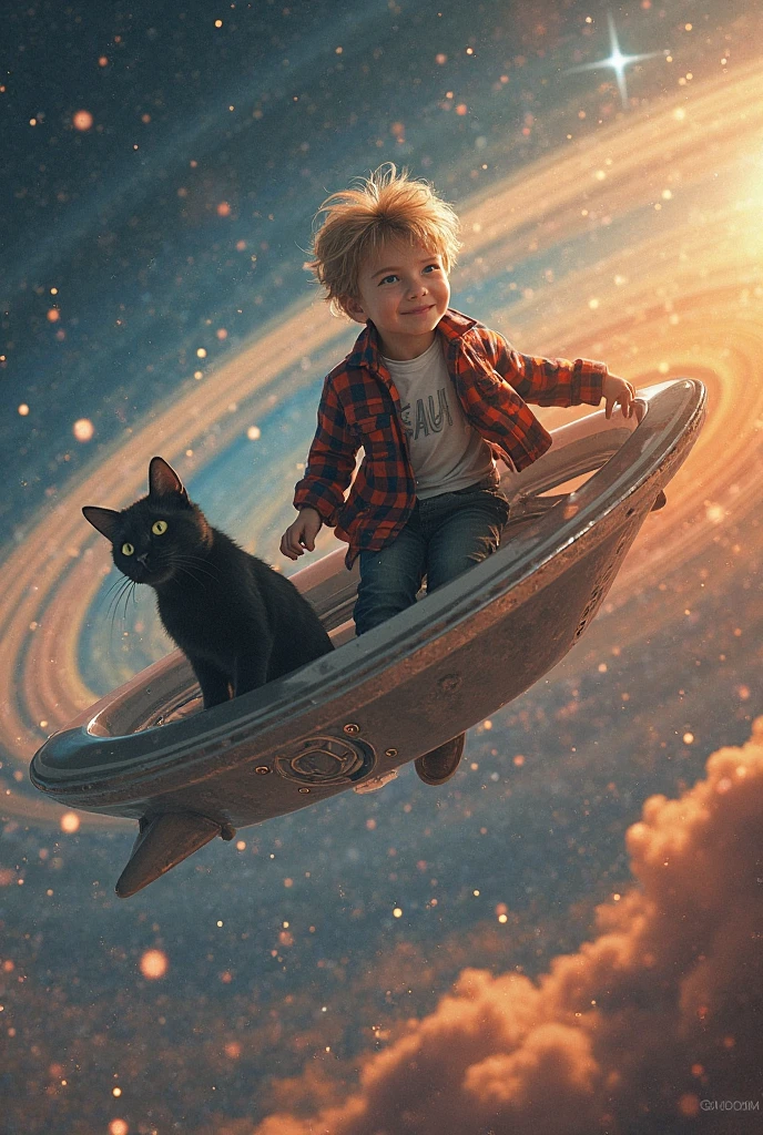 Male child with blonde hair and blue eye and playing with his kitten on the moon --auto