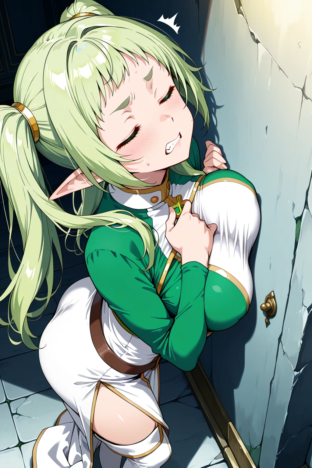 NSFW, (masterpiece, top quality, best quality, highly detailed:1.6), anatomically correct, (full body), (wide shot), long shot,(at midnight:2.5), (Knee rubbing,bring both knees together:3.2), (leaning forward, Hold the crotch area over the clothes:3), (standing:2), (((clutching crotch))), (woman, outdoor,in the forest), (Elf, brown elven robe, Extremely wet with pee:2.5),strong facial expression, (sharp eye:1.2), (scowl:1.1), (embarrassed,blush:2.3), (steam:2.9), (Breathe heavily:2.9), (Wet:1.1), (sweat:1.1), (trembling:1.3), (open mouth, wavy mouth:1.7), (clenched teeth:2.3), (Drooling from the mouth:0.7), (half open eyes:2.5), (Close one eye, Winking:3), (tears:3), (feeling weak:1.5),(bravery crying, sobbing:1.5), (shoot from front:1.2), (high-heels:2.8),(Glasses:0.6), (long hair, green hair, extra long hair:2.5), (woman trembling with sexual climax:1.7), colorful, perfect composition, (Touching the crotch:1.7), urination, incontinence, piss, peeing self, A lot of pee, (((pee stream))), (pee puddle), Wetting herself, peeing, blush, trembling, embarrassed, large breasts, Yellow pee, ((leaking pee)), Shaking one's shoulders, Breaking a sweat on forehead, pee spreading on the ground, (Pee stains), Full bladder, ((Pee-soaked robe)),(Pee-soaked high-heels), natural makeup,Pee dripping from robe,((robe with big urine stains)),(Widespread urine stains,robe covered in urine),(robe almost wet with urine),