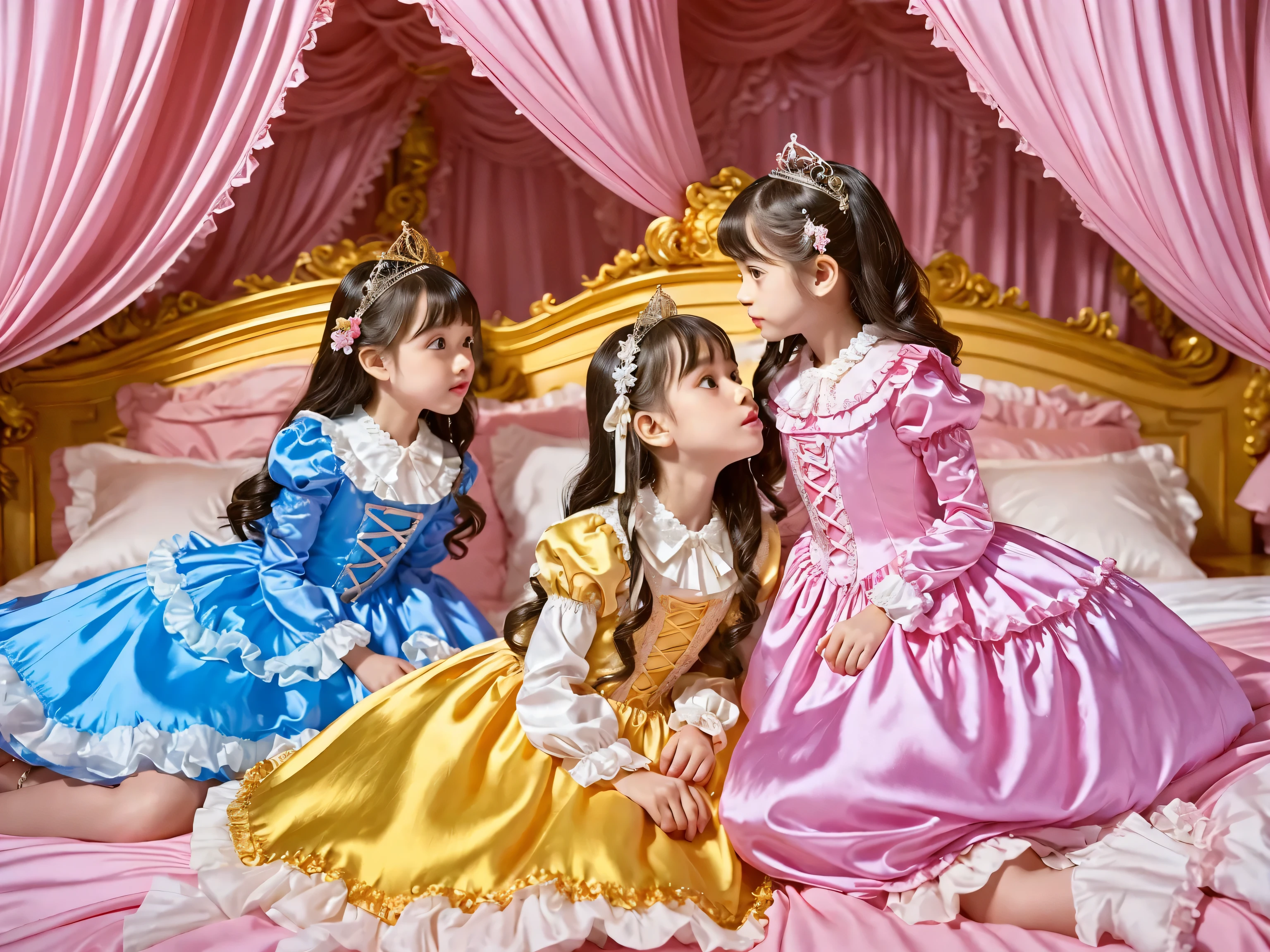 Two Princesses sky blue Silk Satin Victorian Ball Gown Dress. ((Ten years old)),((european little girls:1.2)),((kissing,face to face)),cute face, Cute smile, short body height,long sleeves,puff sleeves,frilled sleeves,(((Frilled yoke collar that completely covers the shoulders:1.0))),The dress is decorated with lots of frills and ribbons.,(((golden blond Long hair:1.2))),They are wearing princess tiara on the head,ultra detailed background,in the luxurious European rococo style bedroom,luxurious pink canopy bed behind,high detailed canopy bed,((pink silk satin bedsheets,lot of frilled colorful silk satin pillows:1.0)),