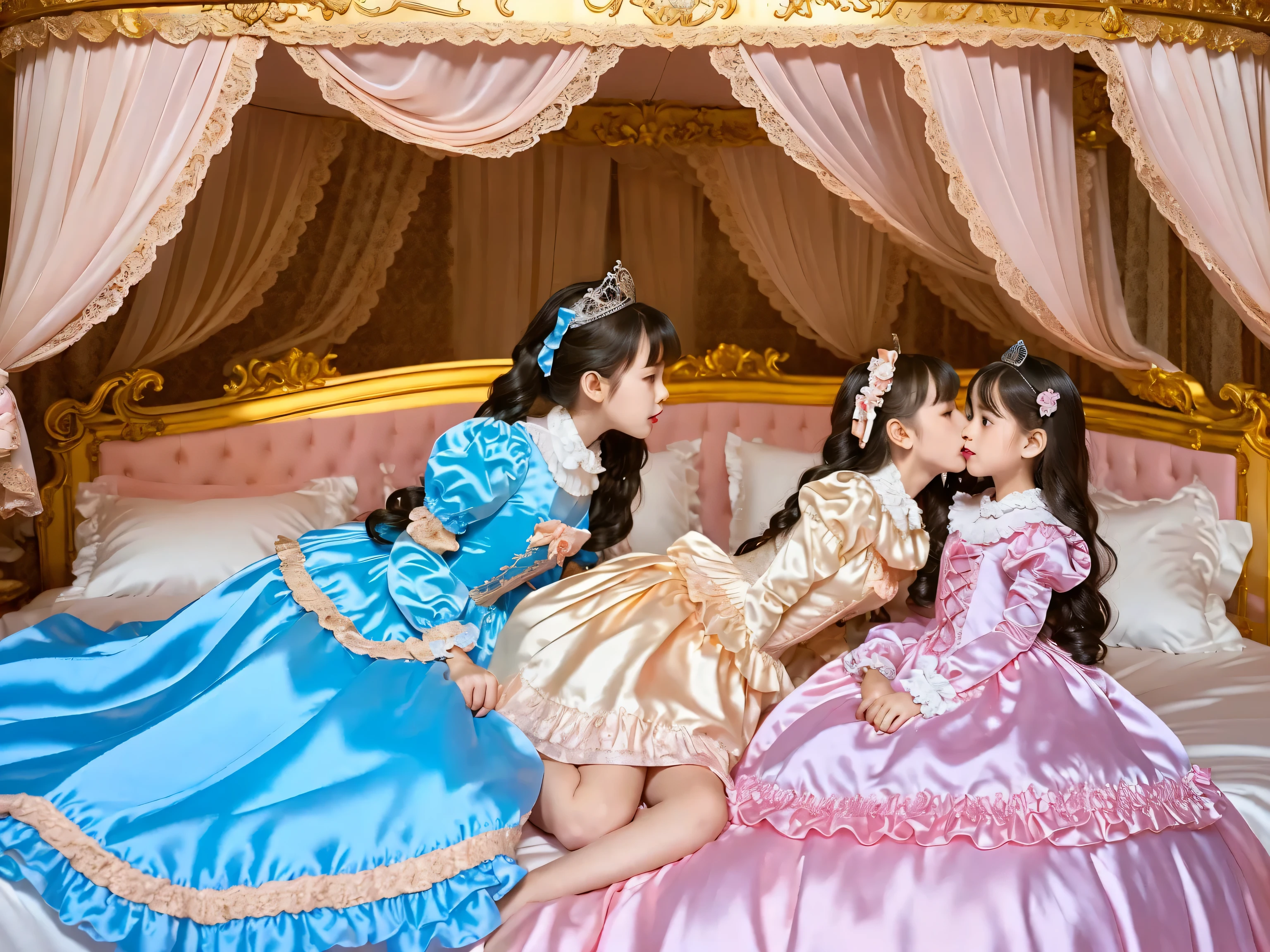 Two Princesses sky blue Silk Satin Victorian Ball Gown Dress. ((Ten years old)),((european little girls:1.2)),((kissing,face to face)),cute face, Cute smile, short body height,long sleeves,puff sleeves,frilled sleeves,(((Frilled yoke collar that completely covers the shoulders:1.0))),The dress is decorated with lots of frills and ribbons.,(((golden blond Long hair:1.2))),They are wearing princess tiara on the head,ultra detailed background,in the luxurious European rococo style bedroom,luxurious pink canopy bed behind,high detailed canopy bed,((pink silk satin bedsheets,lot of frilled colorful silk satin pillows:1.0)),