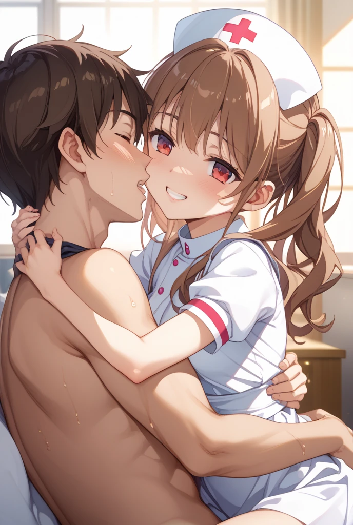 nsfw,((One Man and One Woman,having sex)),standing,from side,vaginal penis,faceless man,Bare breasts,Idol Master, Chieri Ogata,short twin tails with reddish-brown hair,,,small breasts,brown eyes,magical girl costume,blush,Highest image quality,best quality