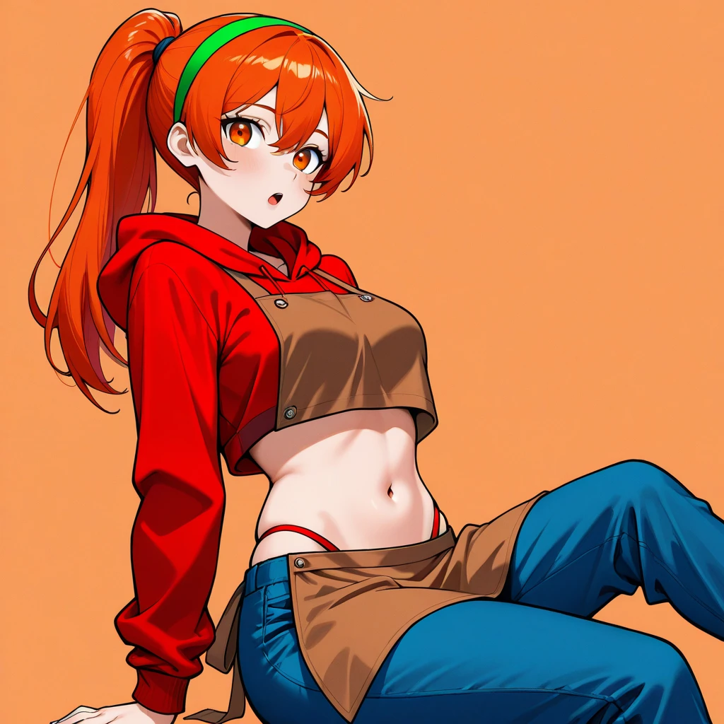 (((Wavy bright red hair))), long hair, green eyes, freckles, bangs, (((orange tiger print bikini top))), pirate girl, (((pink pirate coat))), red plaid skirt, medium breasts, shy expression, hands behind back, cowboy shot, smile
