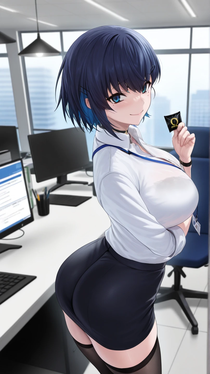 Score_9, score_8_up, 4k, 8k, detailed face, source_anime, artstation, grandeur, intricate-details, depth-of-view, flatshading, BREAK
1girl, mature female, huge breasts, black hair, bob cut, smooth skin, rating_questionable, office lady, blouse, from behind,