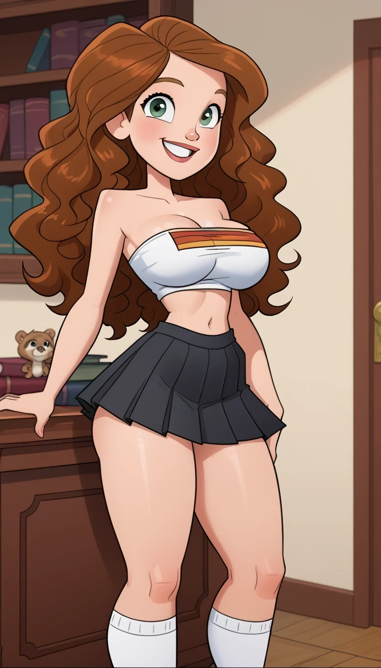 A tall woman, sexy, big breast, long brown hair, her brown eye, wears a white blouse, buttons, tied knot, shows her chest, bra, shows navel, curve, sexy thigh, and a dark blue skirt, big wide pair of black net socks, she is wearing black shoes.