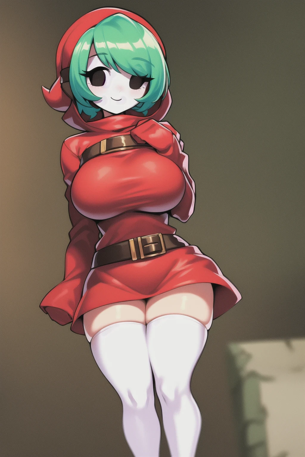 Sfw, colorful, masterpiece, (best quality:1.2), sharp image, detailed image, detailed face, perfect lighting, perfect shadows, perfect face, (detailed background, depth of field), (4k, 2k, shaded, absurd res)
,
1girl, solo, ((shygal)), white mask, eyelashes, gloves, (round eyes, wide eyes), (faceless), green hair, black eyes, no nose, (cute), (curvy), (big breasts), (thick thighs), slim waist
,
sleeves past wrists, [[belt]], ((red hood), red skirt, hood, white thighhighs)
,
standing, legs apart, smiling, medium shot, looking at viewer