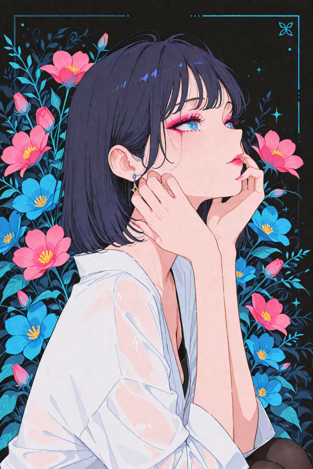 masterpiece,best quality,amazing quality,very aesthetic,absurdres, newest, 1girl, solo, makeup, abstract work, floral work 