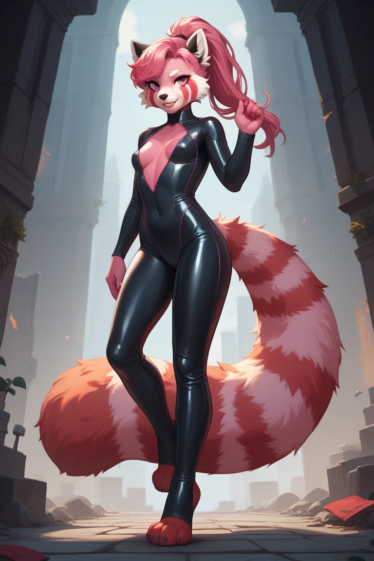gear00d, a woman jumping, jumping full body, simple background,  GRADIENT BACKGROUND, make-up, colored fur, staring overhead, lipstick, freckles, back arched, precise, monchromatic
