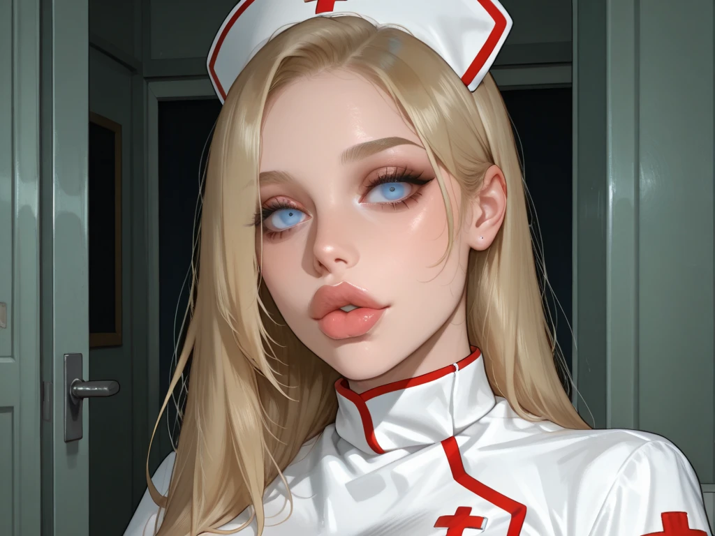 Attention to detail, Heart-shaped pupils，Nurse hat，Pink nurse uniform，Love Your Students，Cropped shoulders，Red Cross，Slender Maiden,Highly rendered，Detailed face，White Stockings，On your stomach，
