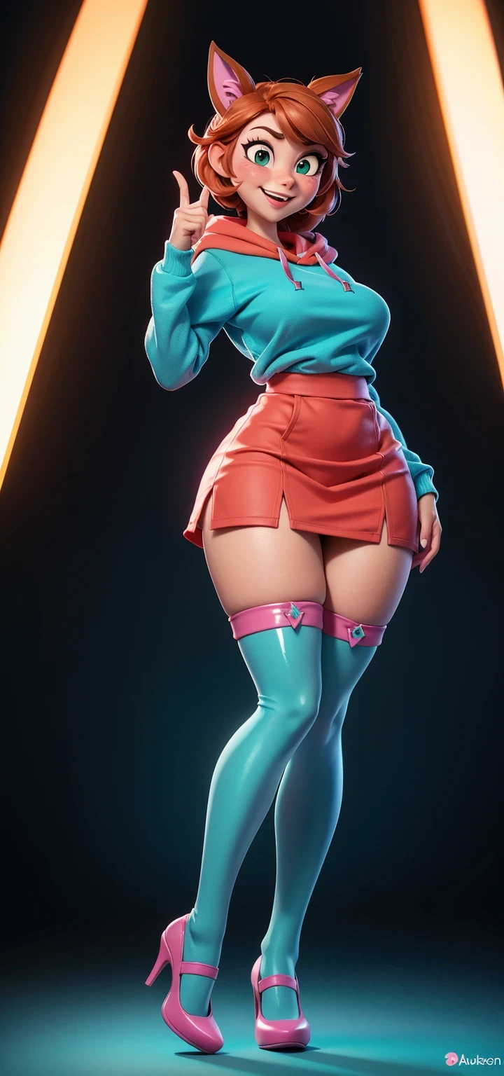 Full body view, adult, (best quality:1.4),(shiny skin), body focus, (cute face), (((best quality))), illustration, adult, full body view,  ((Beautiful Finger)), , Beautiful body, Beautiful character design, ,perfect lighting, Colorful, Bright_Front_face_Lighting, ultra high res, highres, absurdres:1.2, bokeh:1.2, lens flare, , tall, long curvy legs, stockings,(vibrant_color:1.2), , (thick thighs:1.3), THICK, Black hair with colored sprinkles, red stockings, teal hoodie, large brown eyes,perfect ears, pink blush on cheeks, content expression, skirt, adult Lucy Wilde, 30 years  old. From below
