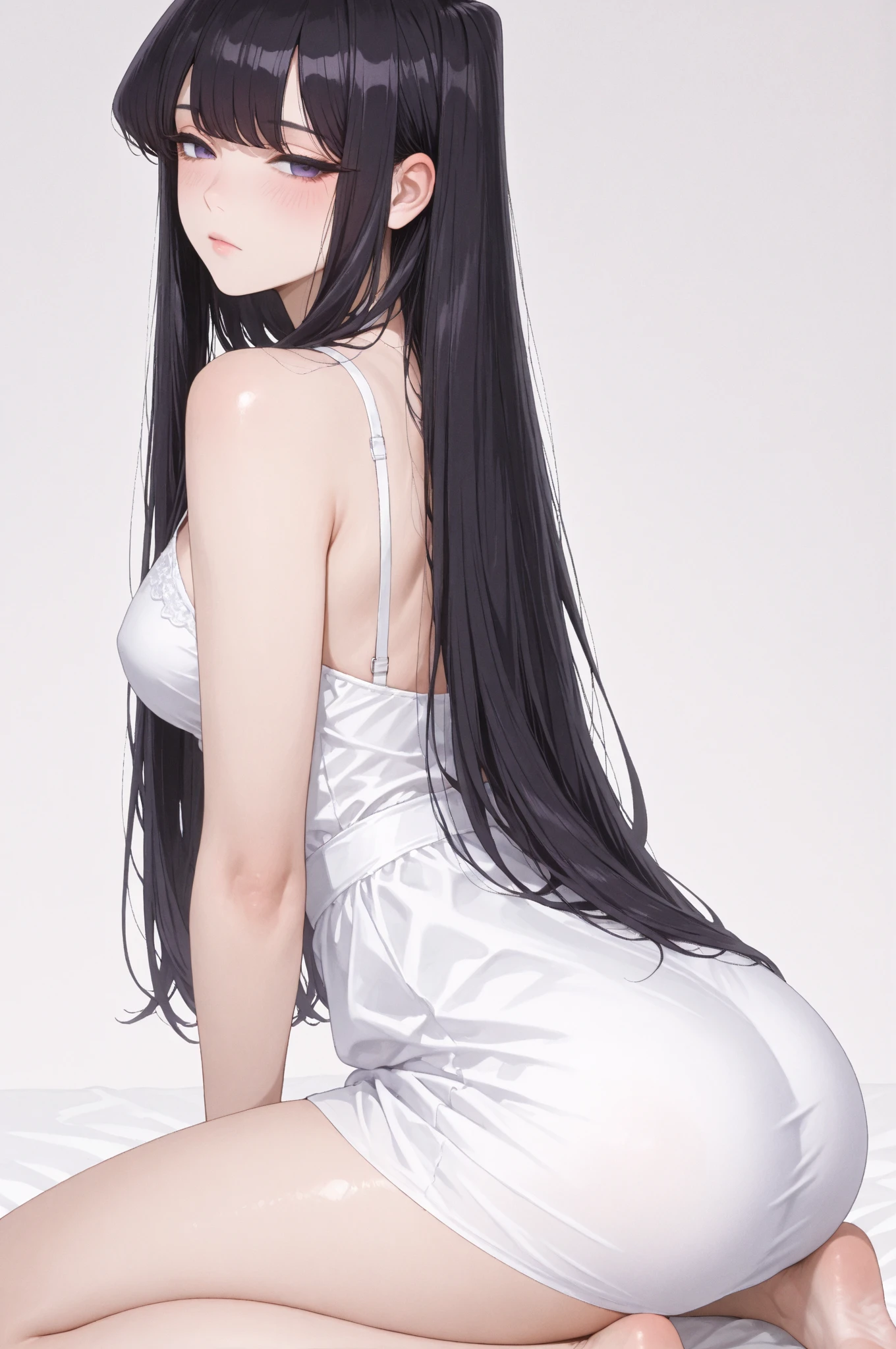 Long black hair, all-black full-body cheongsam, obvious eyeliner, small breasts, long legs, cat ears, sitting cross-legged