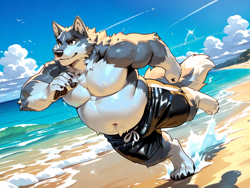 On the beach,A gray-haired wolf-orc wearing swimming trunks and holding a swimming ring greets you happily.