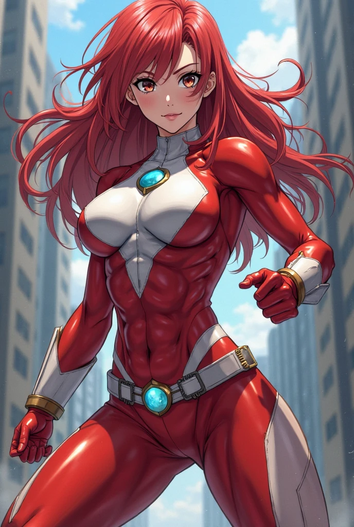 resplendent smile、1 Female Fitness Model、Huge chest on the verge of bursting、thin and long legs、abdominals、musculature、racing suit、Half Japan and half American.、25-years old、Height 175cm、Good at sports、blue eyes、Red hair、Pony tail、glistning skin、blue eyes、Pose ready to fight、full-body view