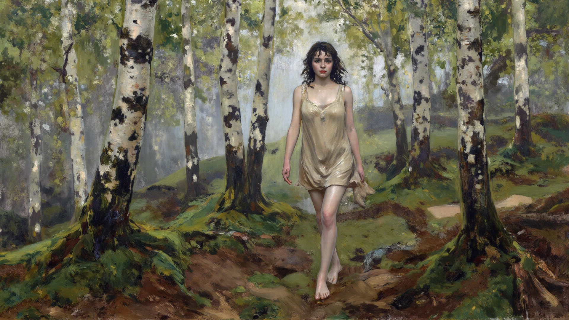 alone in the universe, in watercolor style, Photorealism, discreet golden and ruby and mint shades, (nude) a gentle, modest, thin girl of 16 years old with a very beautiful, sophisticated face of the southern type with a short dark hairstyle with beautiful breasts with tender nipples (barefoot) in a long old beige skirt walking in the distance (Across the desert), stunted little plants, drought, precious jewelry on the neck and chest and on the wrists, precious bracelets, ankle bracelets