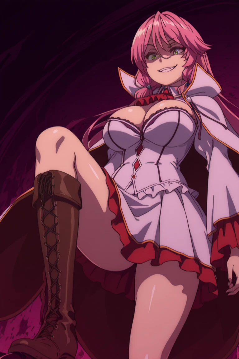 masterpiece, Highest quality,High resolution,Dorothy, Pink Hair、Red Eye、Large pupil、Braid, One side of the dress is torn at the chest、Dust cloud、tits、Nipples fully visible、receive damage from an attack、anime、((Battle scene in the ruins))、blush