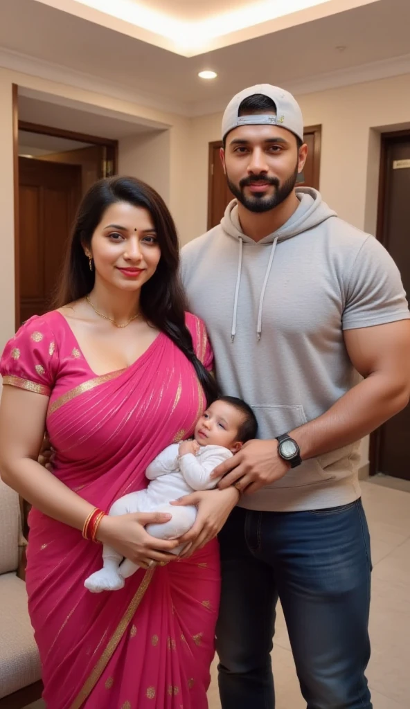 face mix of Salman khan and Shahrukh Khan, as a 25 years old Russian woman and 9 months pregnant woman, stand with Husband Kartik Kapoor, wearing skirts, wearing Western outfit, cleavage , big breast, plus size model, beautiful face, long brown hair, confident princess look from Kamasutra, sexy curve, sexy look, sexy dress,full body picture