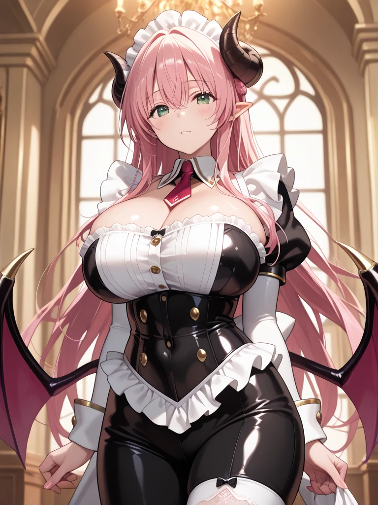 ((Highest quality)), ((masterpiece)), (detailed), (Perfect Face)、The woman is a naked demon queen, Devil Queen Extia Chevalier, wearing a shiny black full-body suit decorated with gold, a sexy female demon, Devil Queen Extia Chevalier、The woman is a female demon with magnificent devil horns, jet black devil wings, and a jet black tail. She is an Extia Chevalier demon with a happy expression as she looks at the camera, with red, medium-long hair in a ponytail and the expression of a girl in love.、The woman is Extia Chevalier
