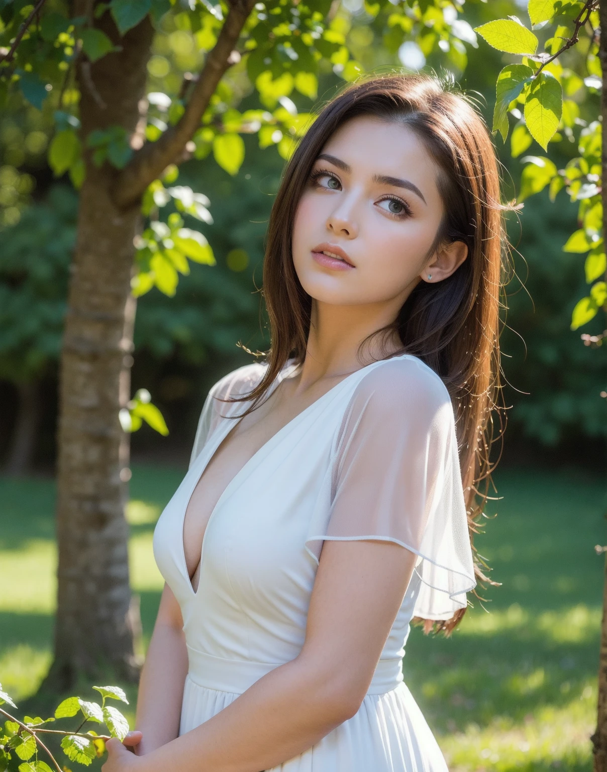 Sad theme , (best quality, masterpiece:1.2), 18yo beautiful girl in garden,pale white skin,(Ukrainians:Russian:0.5),deep cleavage white dress, large breast, crawling on the green lawn, (white flowers mess in background:1.3),eyes level shot, shoot the (high detailed skin:1.2), 8k uhd, dslr, low key, high quality, film grain, Fujifilm XT3, lighting glow effect,no retouching,raw photo realistic, skin texture is very detail ,no makeup,