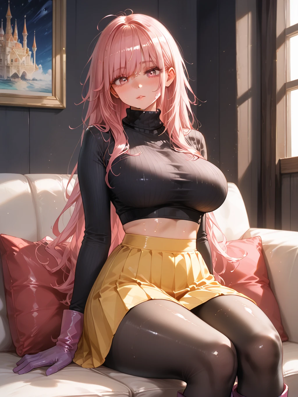 Realistic, Realistic Photos,Sitting,巨作, absurdres ,1girl, haruno sakura, forehead mark, High neck T-shirt with long sleeves, pants, bracelet, looking at the scenes, smile, inside the house,sofa, wind, floating hair, large breast ,(((wide hips))), toned body, detailled eyes,
