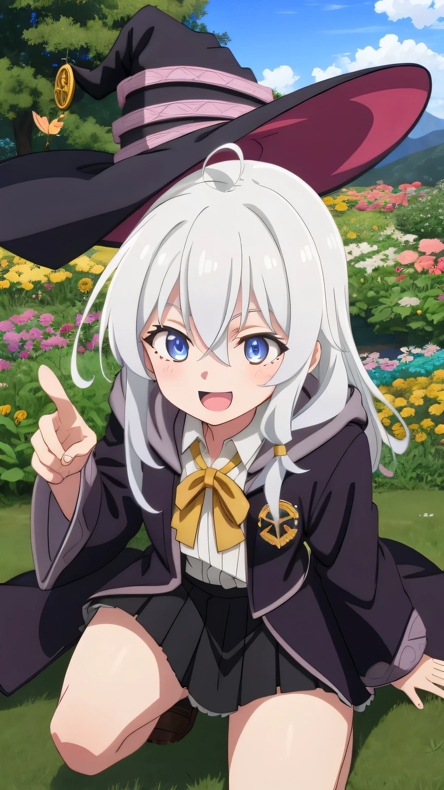 {{{masterpiece}}}, (best quality:1.5), (ultra-detailed:1.5), {illustration}, {{an extremely delicate and beautiful}}, (beautiful detailed eyes:1.6), absurdres, highres, extremely detailed face, 16k, hd, visual anime de uma jovem mulher, extremamente bonito rosto de anime, anime melhor garota, (perfect hands, perfect anatomy), (five fingers:1.1), anime face, elaina (majo no tabitabi), Eft_elaina, witch, 1girl, solo, cute face, long hair, white hair, ahoge, hair between eyes, sidelocks, pink bow, single braid, ribbon on braid, yellow hair clip, blue eyes, medium breasts, big hips, curvaceous, BREAK, witch hat, black headwear, white shirt, long shirt, (shirt tuck out:1.3), collared shirt, (wizard robe:1.3), (long robe:1.2), black robe, hooded robe, open robe, long sleeves, wide sleeves, yellow ribbon tie, brooch, black skirt, pleated skirt, (microskirt:1.5), (white petticoat:1.2), bare legs, BREAK, cute face, open mouth, smiling, pointing, dancing, jumping, from above, outdoor, mountain, forest, flower garden, (cute gestures:1.2), dynamic pose, dynamic angle, mysterious, fluttering skirt, medium close-up shot