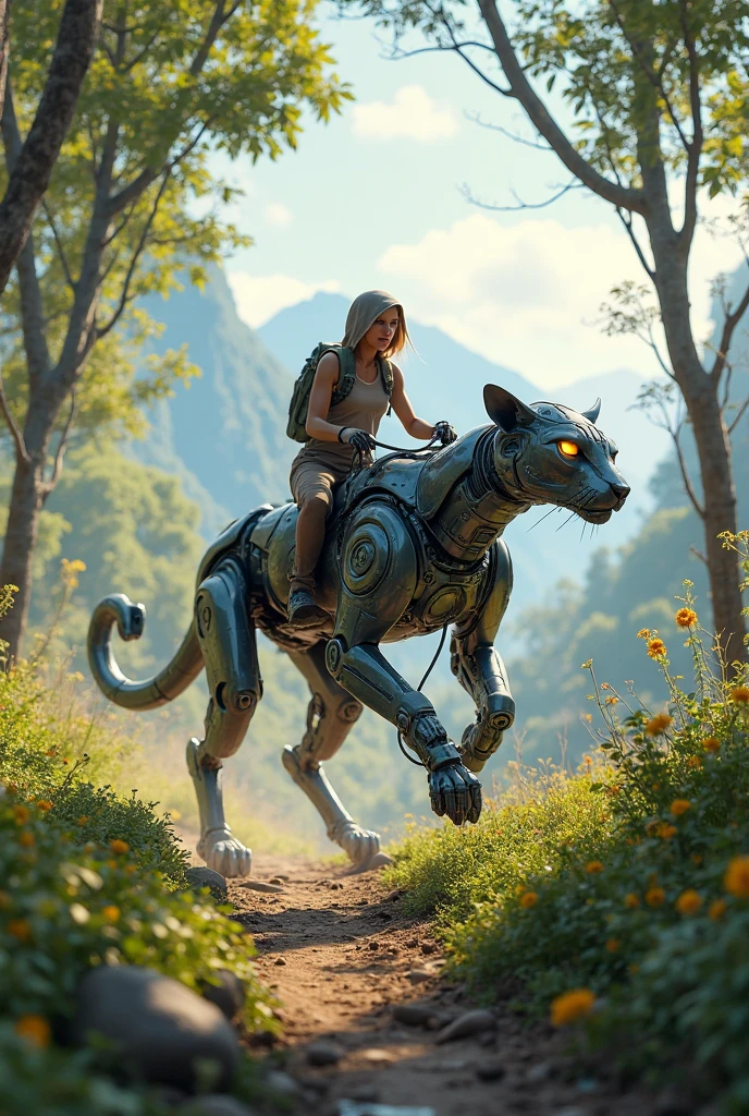 masterpiece, very clear, realistic, detail, a female tarzan riding a mechanical lion robot from the future. Robot itu memiliki machine body, cyber, cyberpunk, mechanical body, machine body, in the middle of the forest, neon blue eyes