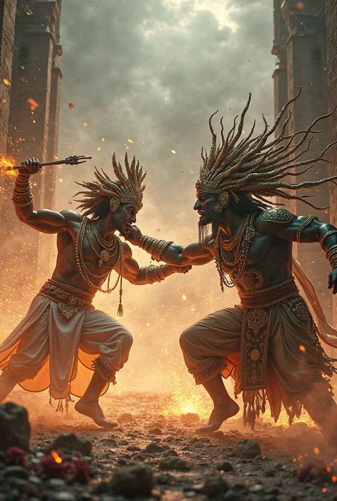 Anime image of a Thai Ganesha sitdown and Shiva fighting a baton sideways in the sky with Thai patterns and smoke in the background.
