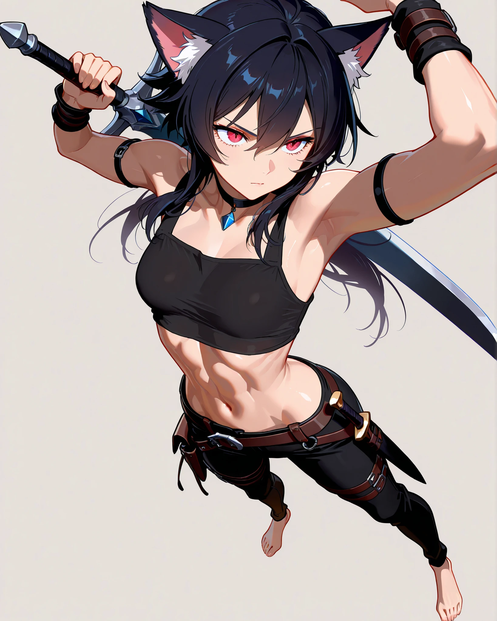 masterpiece,top quality,Super Detailed、high definition、8K Quality、Simple Background、Adult, toned body、Fantasy world clothes,、long pants、Fight motion、shirt、Animal ears、Black line、Dagger
、low posture、Combat style、fight with a sword、Dynamic、confront the enemy、sharp eyes、Barefoot