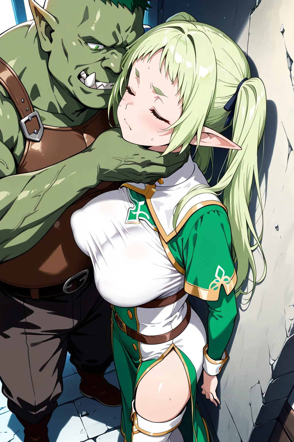 (1 boy, ghost, green skin. stand), (Packing a fanny:1.2), (1 girl, white skin) (ONArmor, meat shield:1.2), chain, rope, (Anklet, chained ankles, bracelet, chained wrists, handcuffed hands:1.1), Touch, (vaginal sex), big penis, (Cum on pussy), Torn clothes, raise your arms, armpit, Hug from behind, cowboy shoot, nsfw ghost, Masterpiece, (uniforms:1.1), (Nose hook), rein, shirt collar, Kohinata Miku, small breast, short hair, black hair, green eyes, ดวงempty eyes, empty eyes, obey, smile, dazed, happy