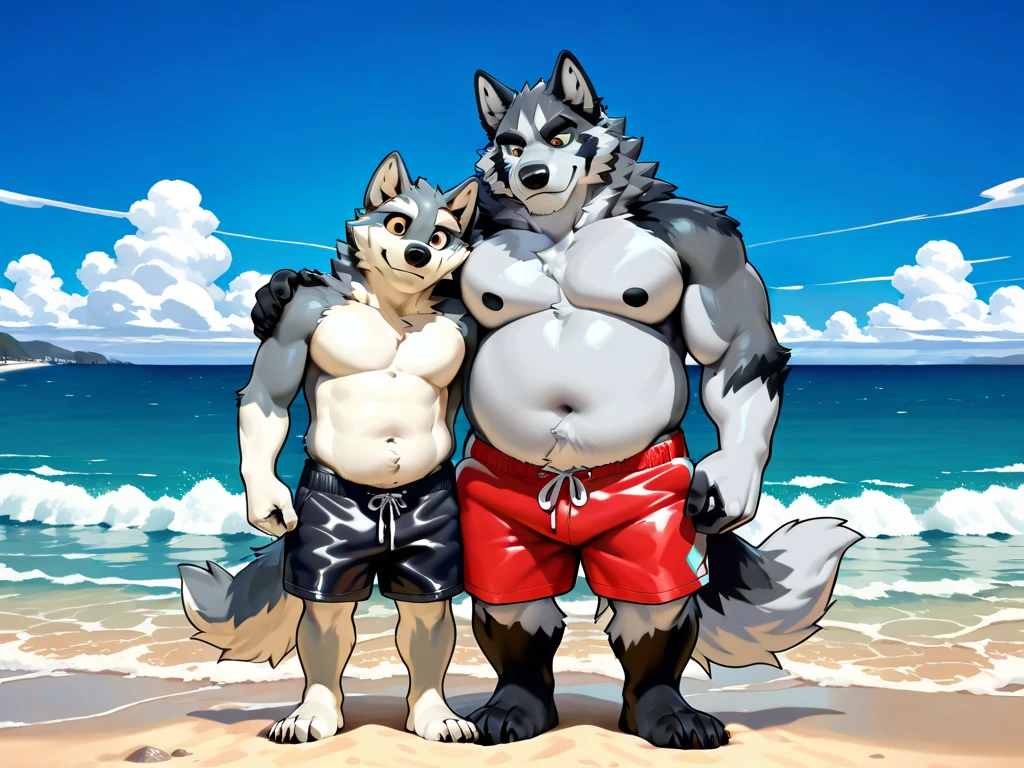 solo, (german shepherd, german shepherd tail), three heads on one body, three headed identical conjoined triplet brothers, (identical:1.3), (adult male, 50 year old male, (stylized 3d, by disney, by rembrandt), by pixar, by dramamine, (burly, manly, beefy, obese, fat, nipple piercing, ear piercing), beach background, (thong, bulge, navel, nipples), correct hands, correct anatomy, (detailed eyes:1.2, cartoon eyes:1.2, small dark pupils, masculine eyes, narrow eyes, six eyes), (ultradetailed, best quality, detailed masterpiece, highly detailed masterpiece, 4k, professional cartoon:1.7), ((flexing:1.3, natural pose:1.3, nuanced expressions:1.3)), (((dadbod)))