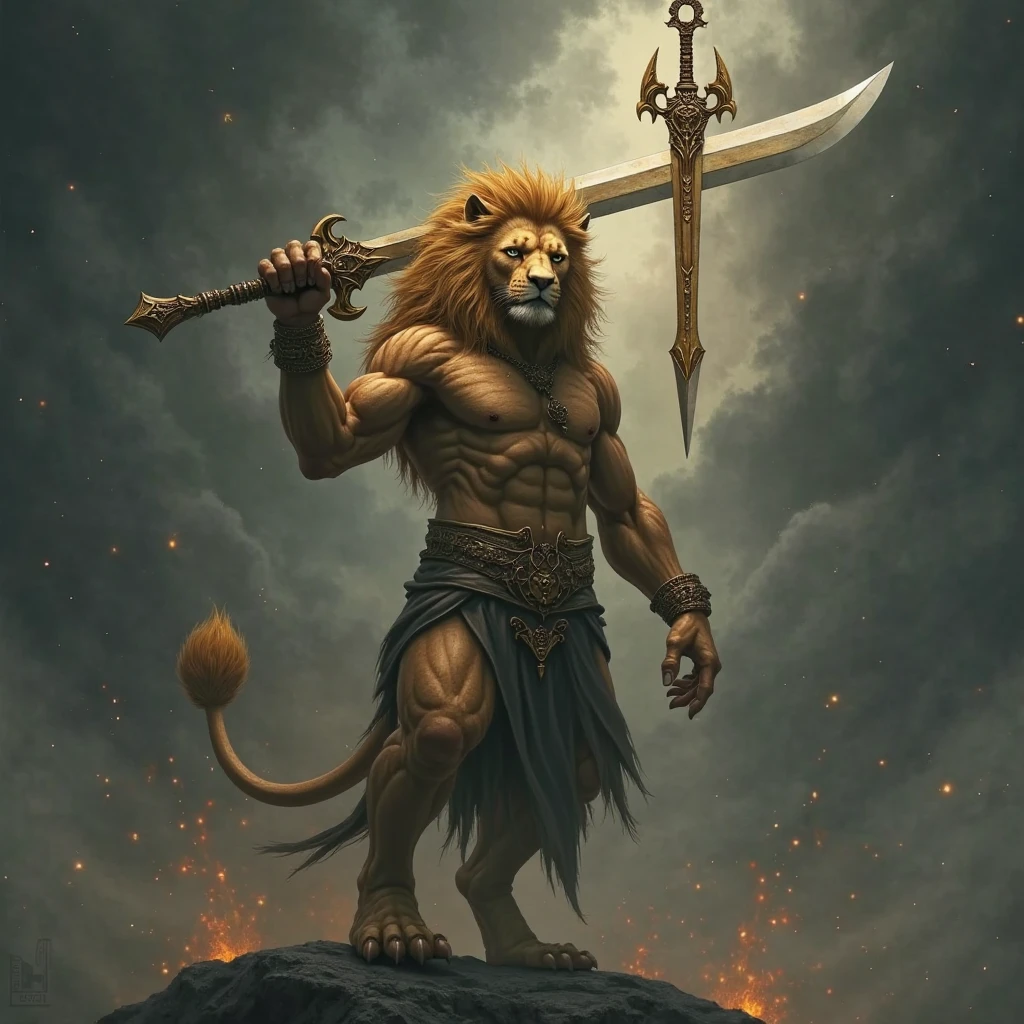Create me a character with a Spartan body, Lion head and carrying a mezcal trident