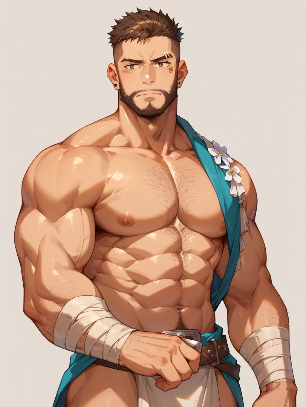 young muscular man, rectangular body, trapezoidal head, with blue eyes, Latin features with goatee style beard and short silver hair, in short tight underwear, shirtless, wearing blue cape, flexing muscles and tanned skin, posing standing