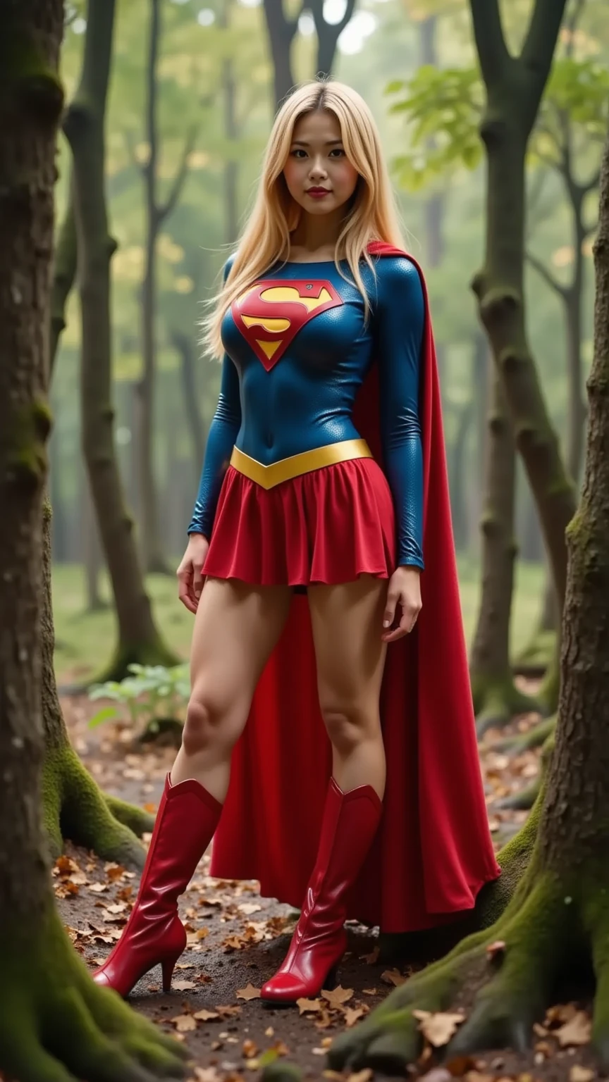 A SEXY LARGE BREASTED TEEN FEMALE, SHORT BLONDE HAIR, BLUE EYES, WEARING A 1970 BLUE BUTTONLESS, COLLARLESS OPEN SUPERGIRL V BLOUSE WITH THE "S"EMBLEM ON THE RIGHT SIDE OF HER CHEST SEEMLESSLY ATTACHED TO PAIR OF RED SHORTS WITH A YELLOW SUPERGIRL BELT, TALL RED HEELED BOOTS, A BLUE CHOKER, AND A LONG FLOWING RED CAPE. .INCREDIBLEY DETAILED AND TEXTURED IN FULL 8K HD RESOLUTION. PARK BACKGROUND.