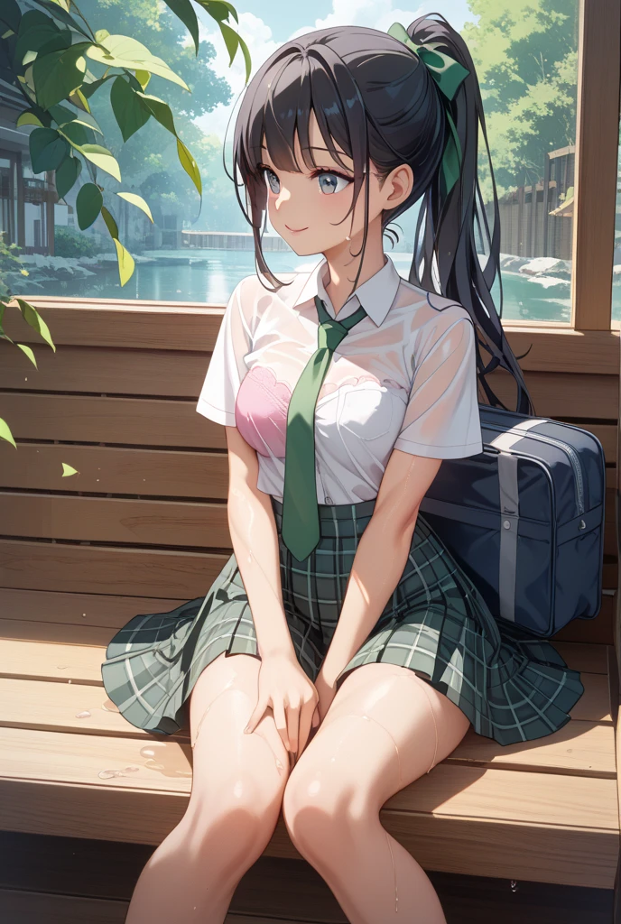 (8k, masterpiece, Best Quality, ultra-detailed, Professional lighting, beautiful detailed faces, bright colors) a beautiful chubby mature woman with big breasts, thicc, naked, happy face, lust, long green hair tied in a braid, oppai, oppai proportions, golden eyes, wearing glasses, with her legs spread open, touching pussy near a lake, whole body visible