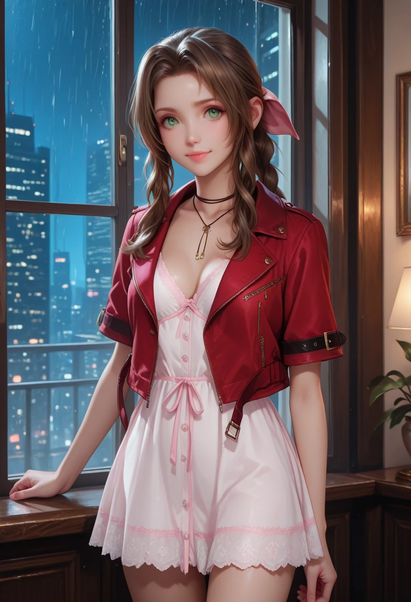 (masterpiece, best quality:1.4), (future days), (1girl), solo, aerith gainsborough, choker, cropped jacket, hair bow, bracelet, pink dress, brown boots, strapless red dress, high heels hyperrealistic, high detailed skin, dslr, soft lighting, high quality, highly detailed face, highly detailed skin, skin pores, subsurface scattering, realistic pupils, full face blush, full lips, detailed background, depth of field, volumetric lighting, sharp focus, absurdres, realistic proportions, good anatomy, (realistic, hyperrealistic:1.4), 16k hdr,