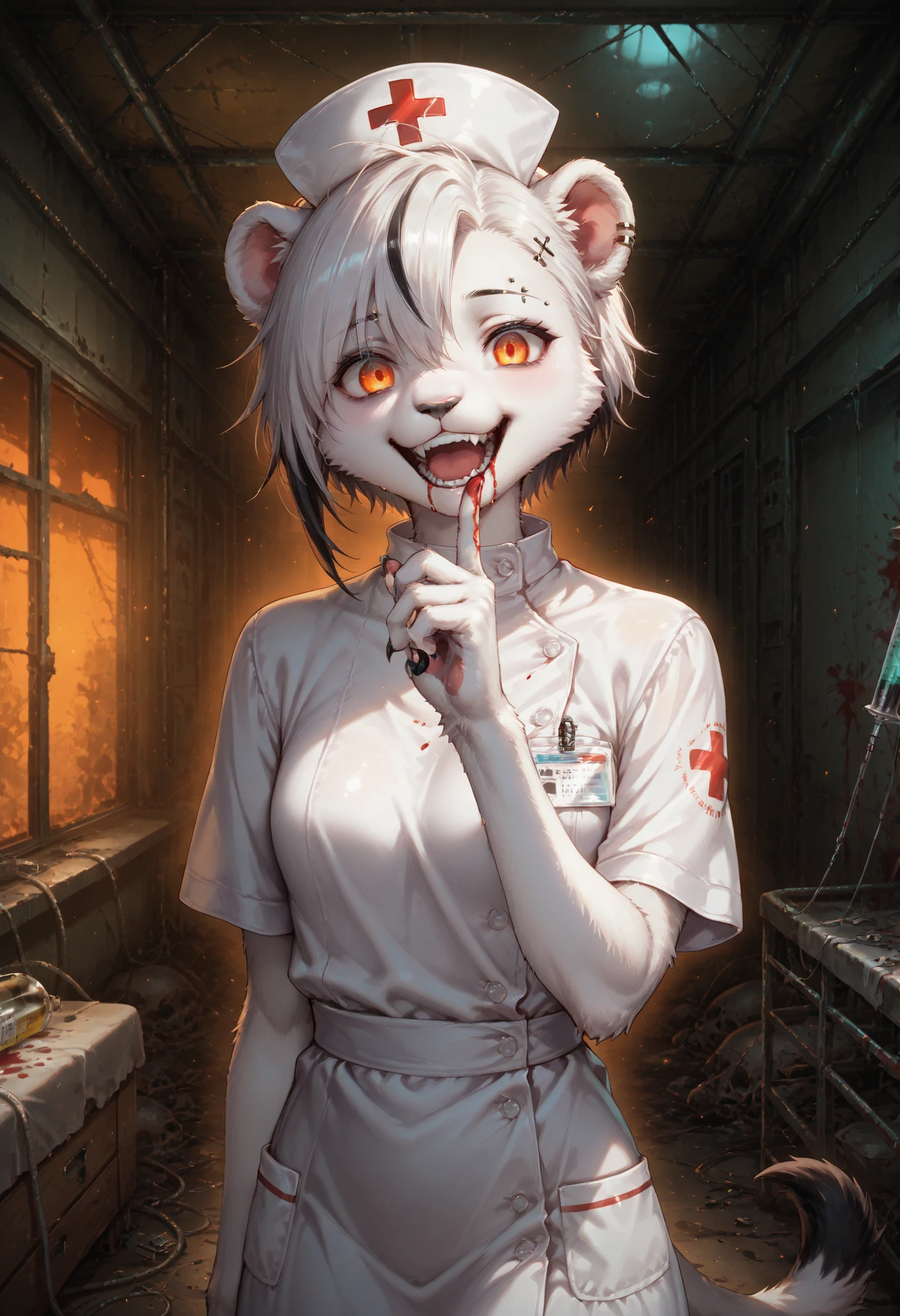  score_9, score_8_up, score_7_up,solo , anthro , Zaffa , lioness,  Orange gradient eyes, black and white hair , white fur , fluffy fur , detailed fur , black tattoo , eyebrow piercing , ear clip , slim body, yandere、nurse clothes shows off a syringe with blood,glass, showing teeth and laughing suspiciously, Finger raising the edge of the mouth, Abandoned hospital, dark atmosphere, red and black tones, High precision in selection animation style, masterpiece, best details, High Quality, High precision in selection ,4K,8k